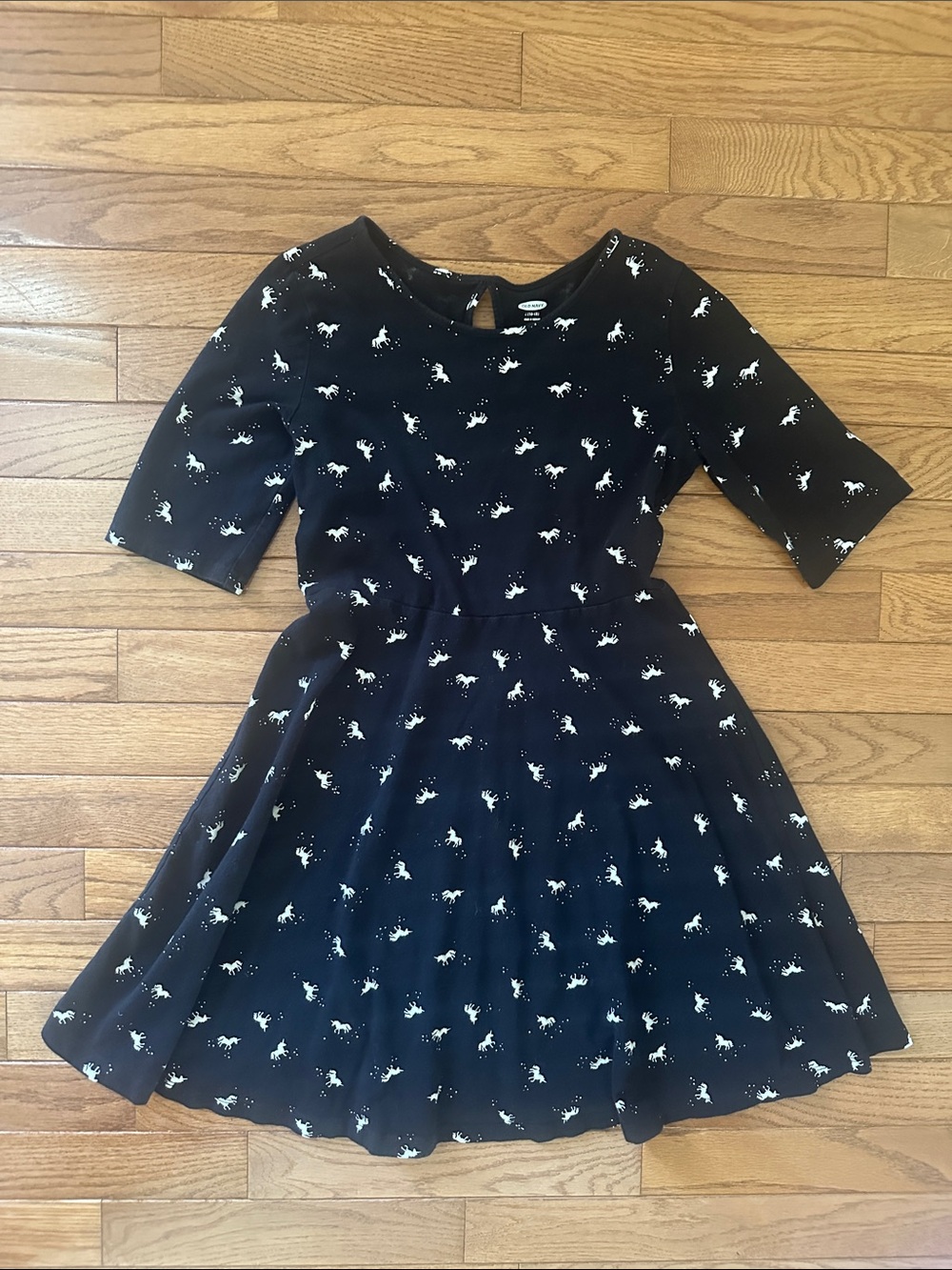 🦄 OLD NAVY girls dress black white unicorns short sleeved dress size large 10-12